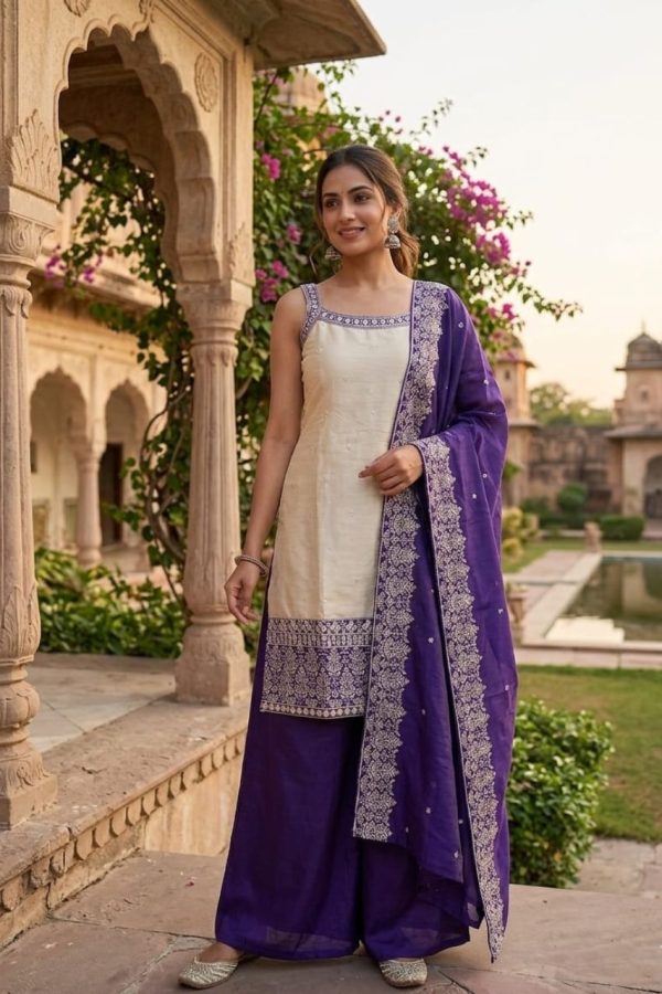 Ivory & Purple Palazzo Suit with Embroidered Dupatta