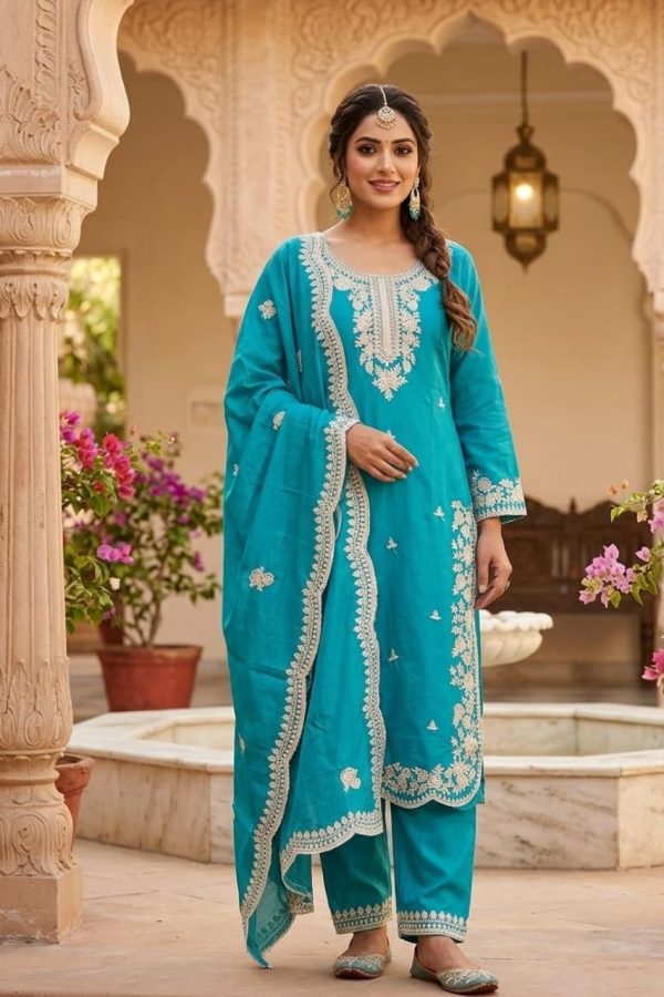 Teal Embroidery & Sequins Salwar Suit set With Dupatta