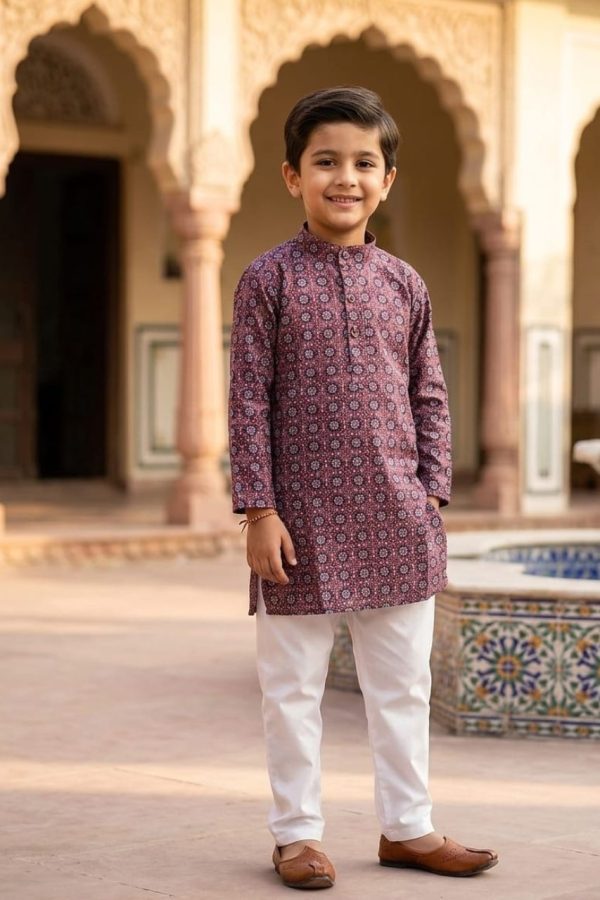 Boys Printed Kurta Set Maroon Elegance