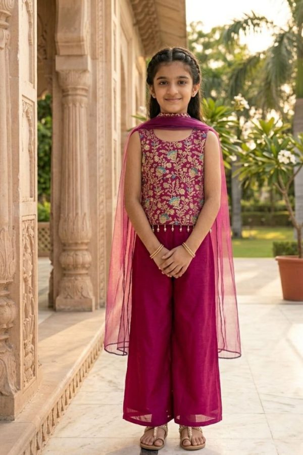 Wine Organza Palazzo Suit Set