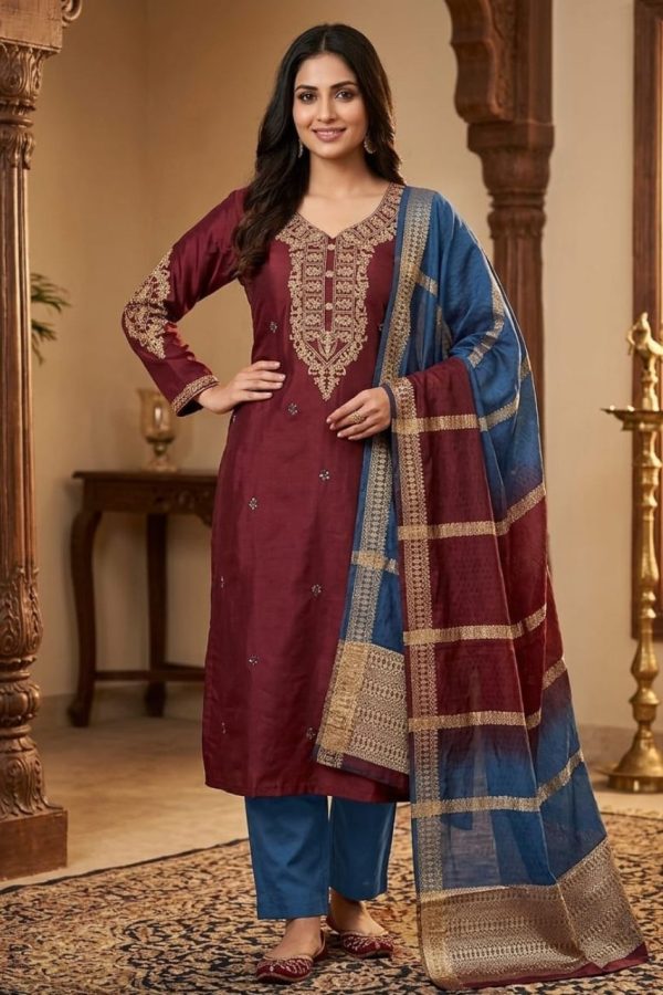 Burgundy Soft Silk Suit Set With Dupatta