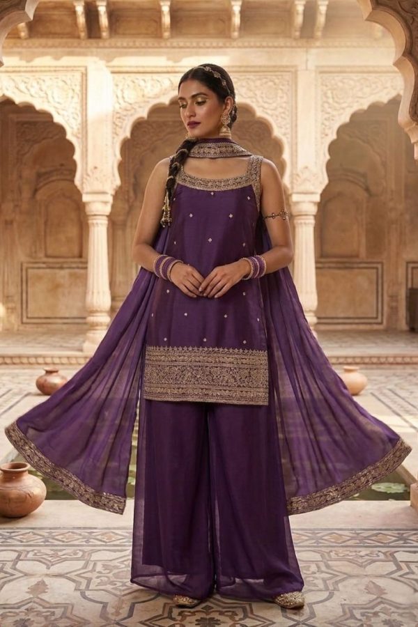 Royal Purple Embroidered Kurta Palazzo Set with Dupatta