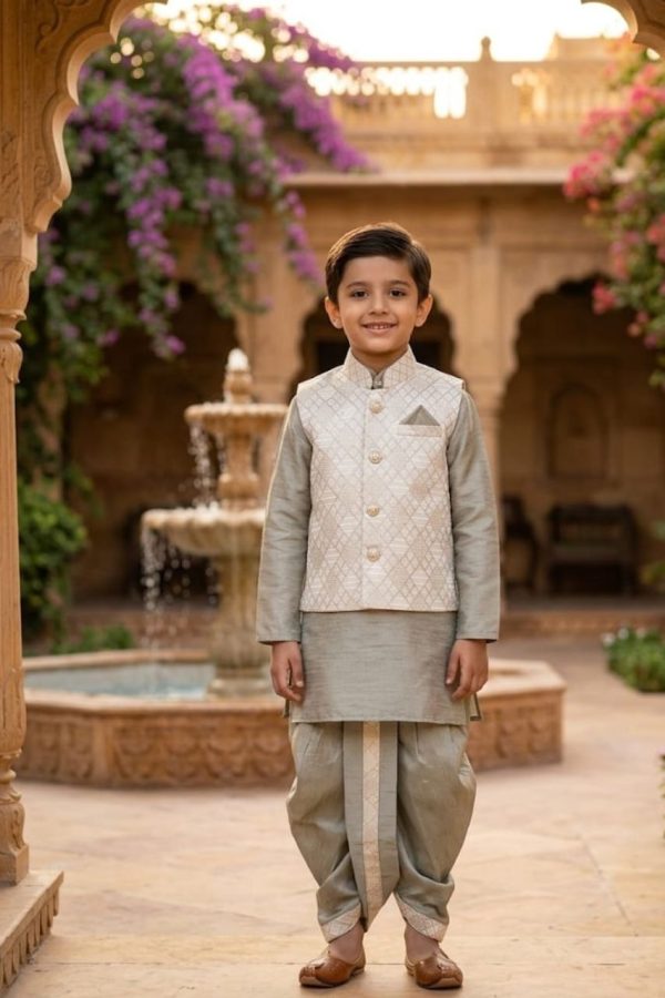 Boys Premium Kurta Jacket Set with Dhoti & Pant Silver Grey