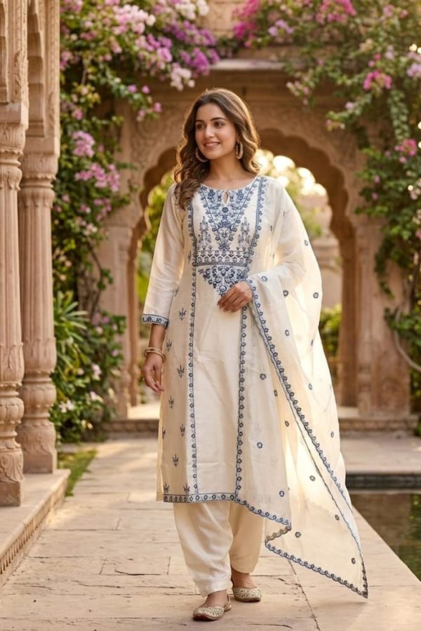 Off White Embroidery Rayon Salwar Suit With Dupatta