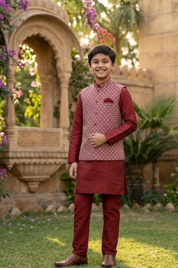 Red Kurta Pant Set With Brocade Jacket
