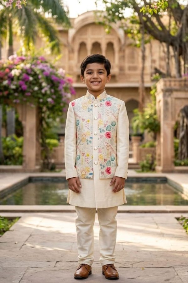 Ivory Sherwani Set With Floral Jacket Set