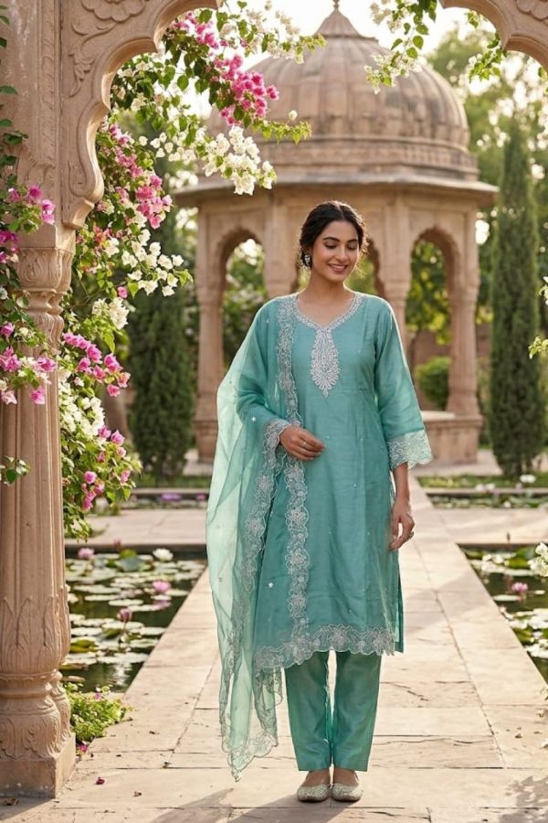 Soft Silk Straight Salwar Suit Set With Organza Dupatta