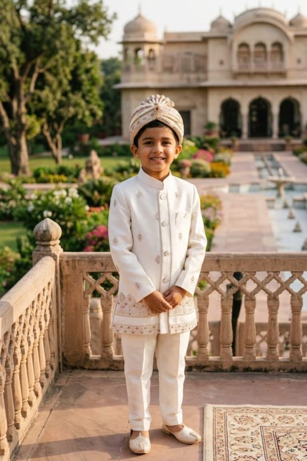 White Soft Brocade Sherwani Set With Jacket