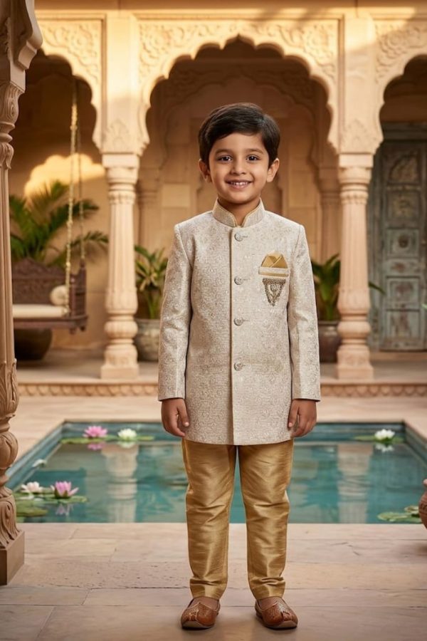 Beige Brocade Sherwani Suit Set