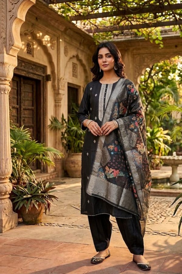 Black Salwar Suit Set With Embroidery & Floral Dupatta