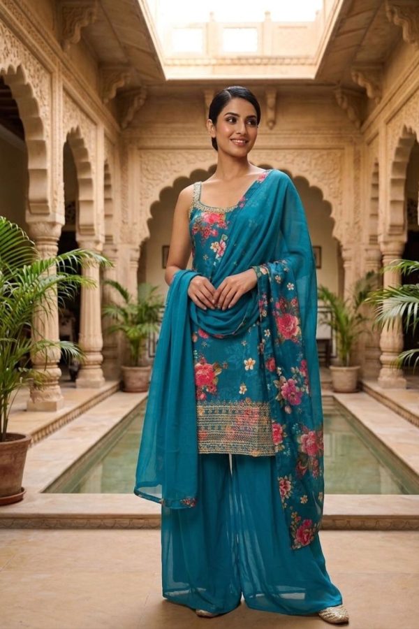 Blue Floral Print Palazzo Suit Set With Dupatta