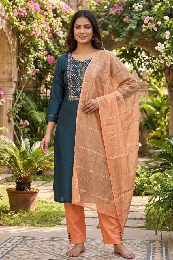 Blue & Peach Shade Salwar Suit Set With Dupatta