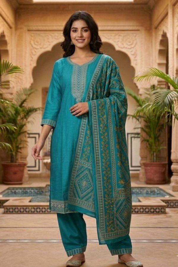Teal Shade Silk Blend Straight Cut Salwar Suit Set