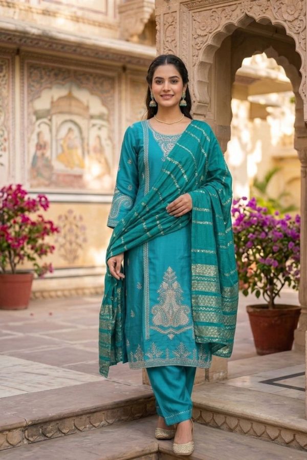Teal Shade Handwork Salwar Suit Set With Dupatta
