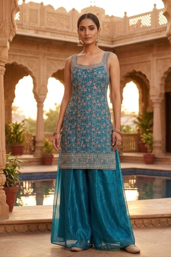 Peacock Blue Organza Embroidered Palazzo Suit