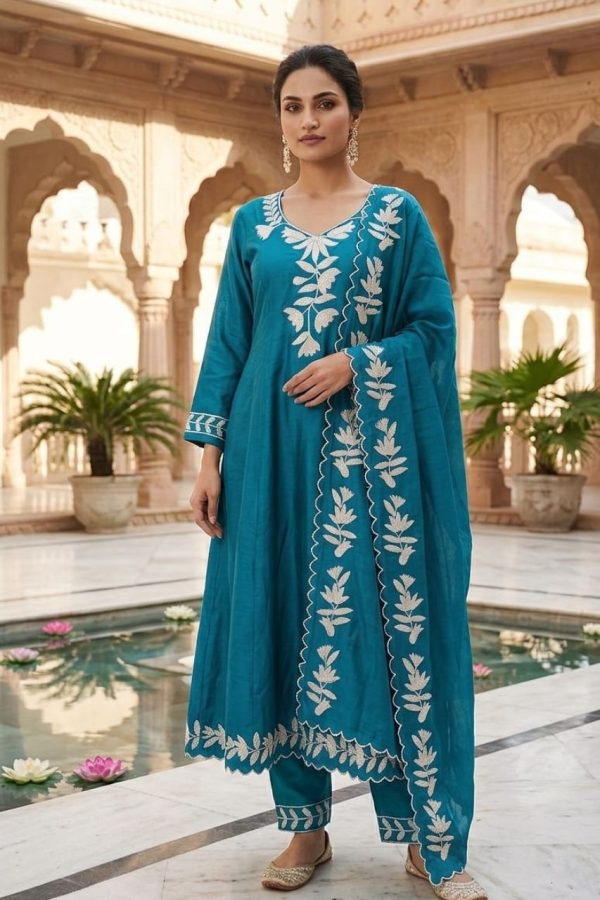 Teal Silk Embroidered Anarkali Suit Set With Dupatta