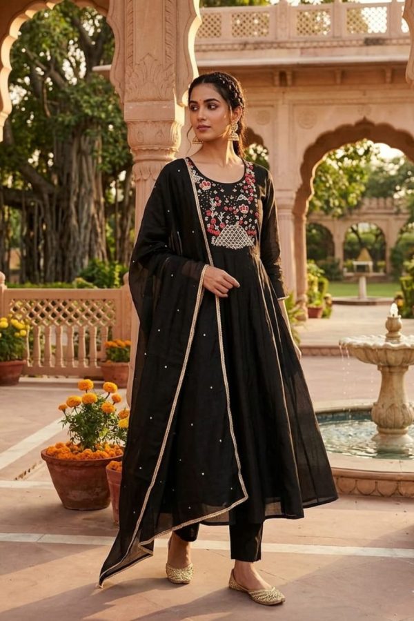 Black Soft Organza Anarkali Suit with Handwork & Embroidery