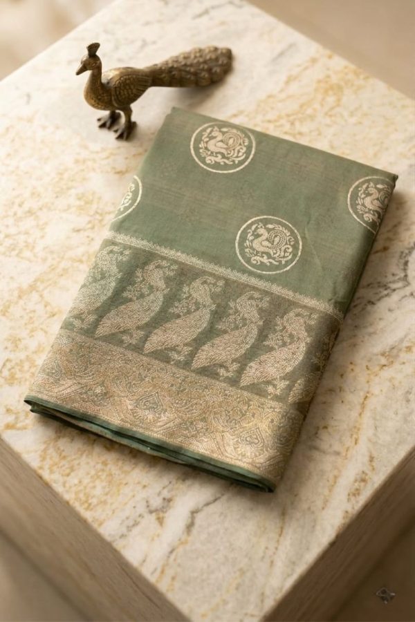 Pastel Green Banarasi Saree In Silk With Zari Woven