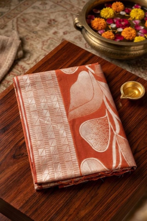 Burnt Orange Zari Woven Banarasi Organza Designer Saree