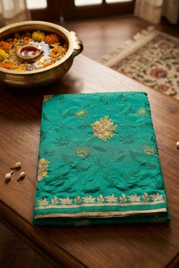 Bottle Green Embroidery Banarasi Silk Saree