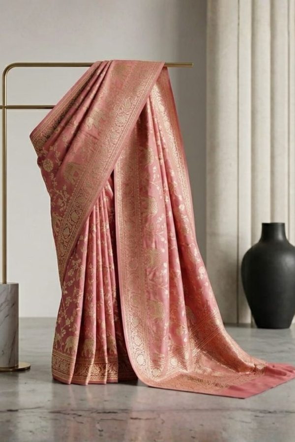 Pastel Peach Zari Woven Banarasi Silk Weaving Saree