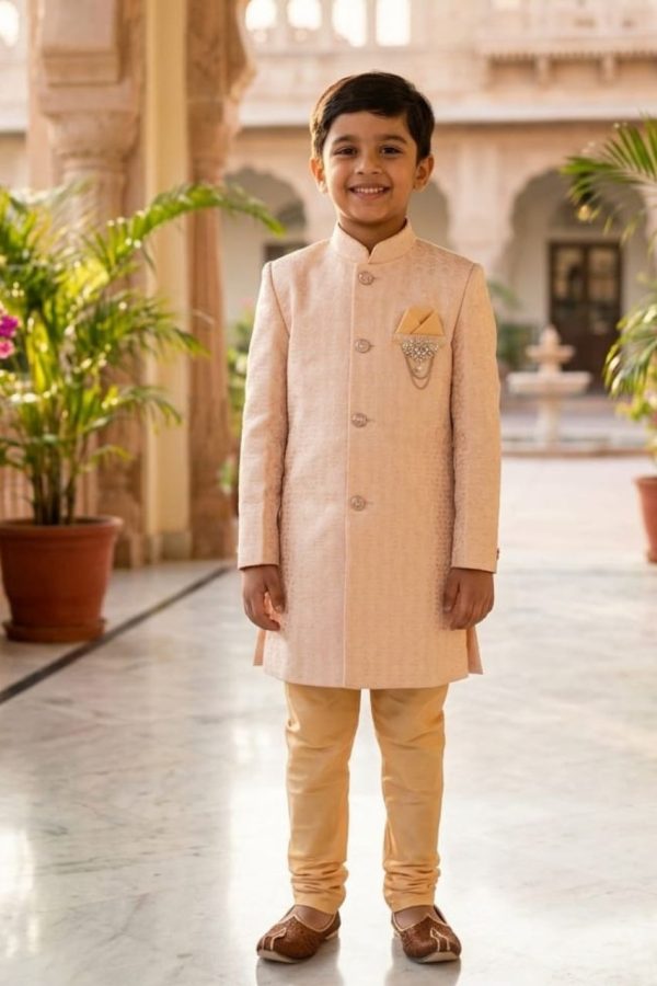 Peach Brocade Sherwani Suit Set