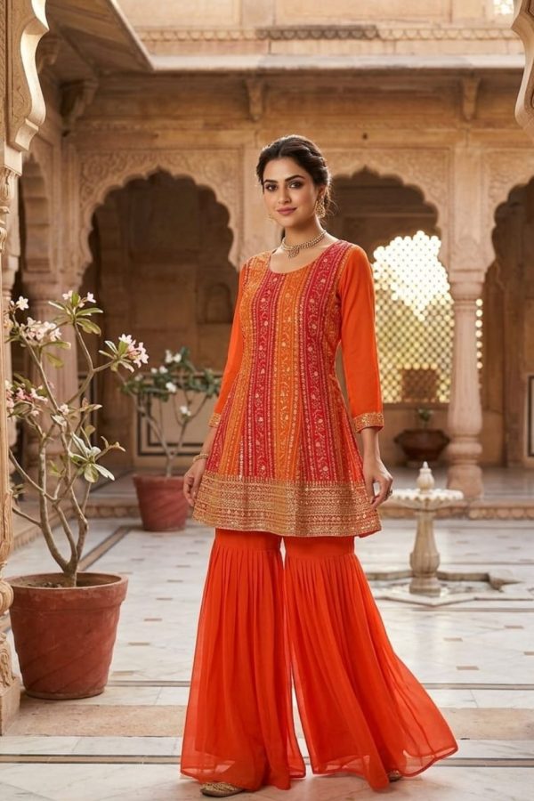 Orange Shade Embroidery Peplum Style Palazzo Suit