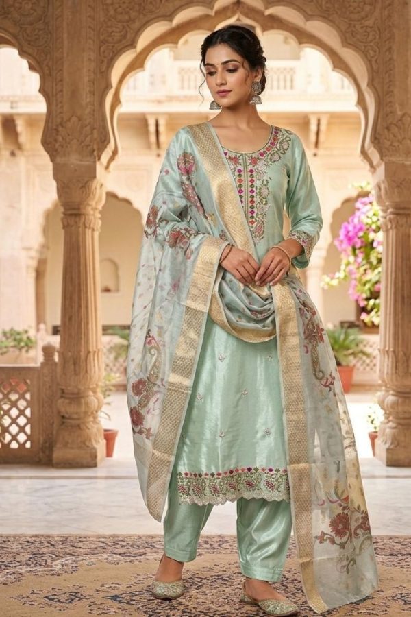 Mint Green Soft Silk Salwar Suit With Floral Dupatta