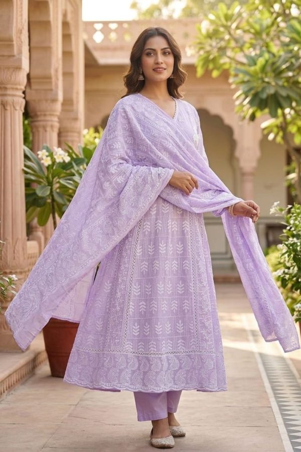 Lavender Chikankari Anarkali Suit With Dupatta