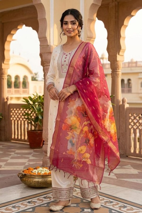 Off White Silk Salwar Suit Set With Floral Dupatta