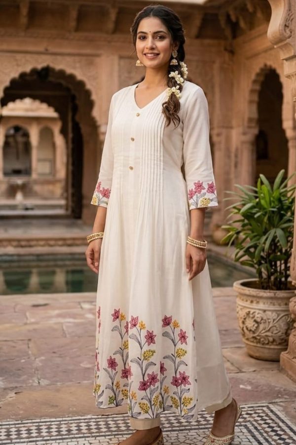 Off White Floral Embroidery Anarkali Suit Set With Dupatta