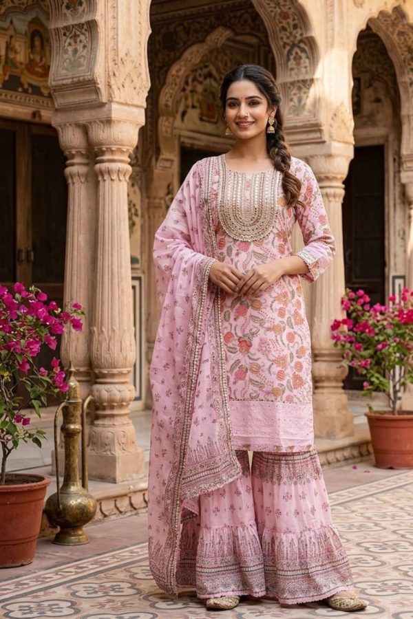 Pink Floral Chanderi Suit With Sharara Pant