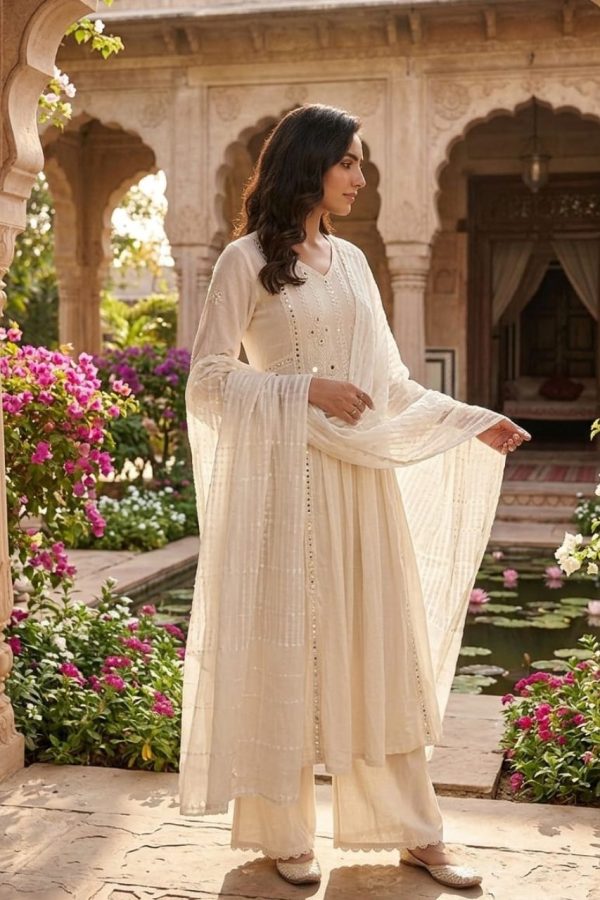 Off White Chanderi Silk Anarkali Suit Set With Dupatta