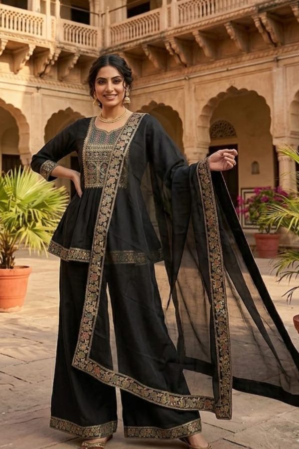 Black Peplum Top & Palazzo Suit With Dupatta