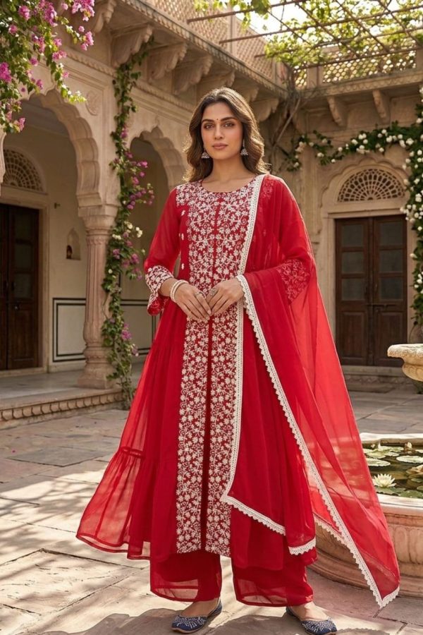 Red Embroidery Georgette Palazzo Suit Set With Dupatta