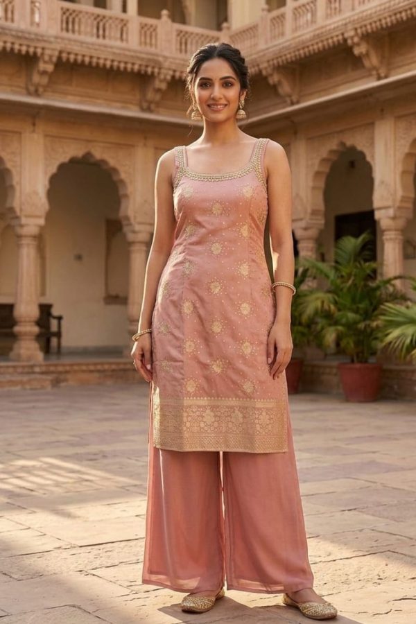 Dusty Mauve Banarasi Palazzo Suit Set With Dupatta