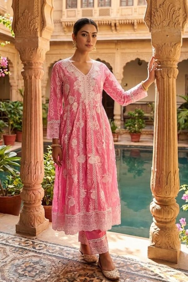 Pink Chikankari Work Anarkali Suit Set With Dupatta