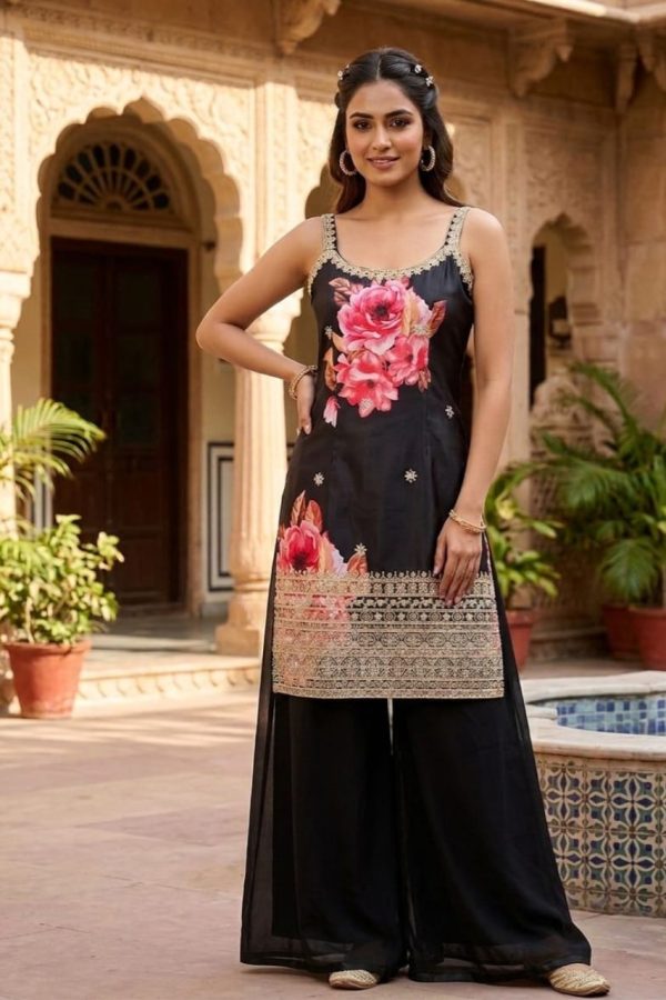 Black Floral Print Palazzo Suit Set With Dupatta