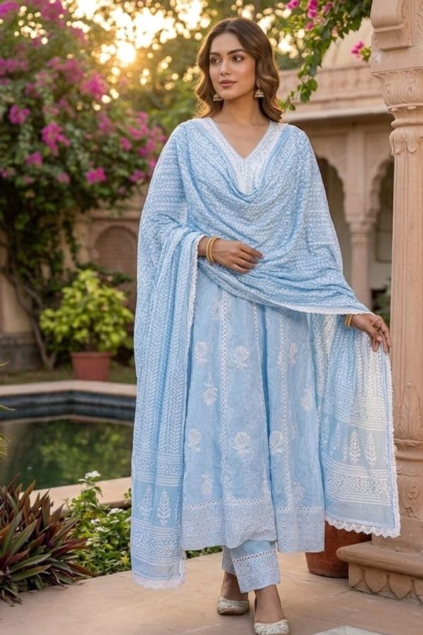 Powder Blue Chikankari Anarkali Suit Set With Dupatta