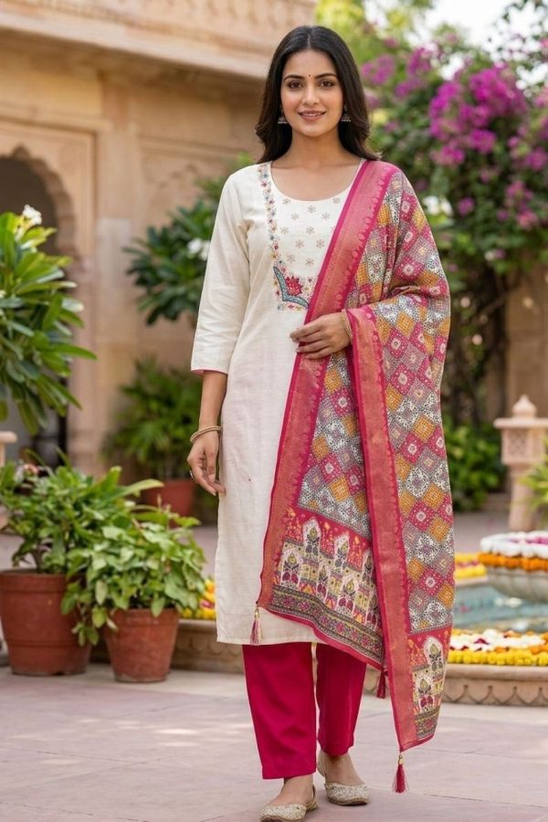Off White Hand Work Salwar Suit Set With Organza Dupatta