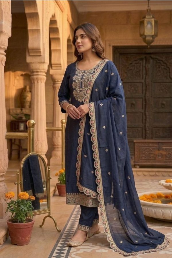 Blue Shade Embroidery Salwar Suit Set With Dupatta