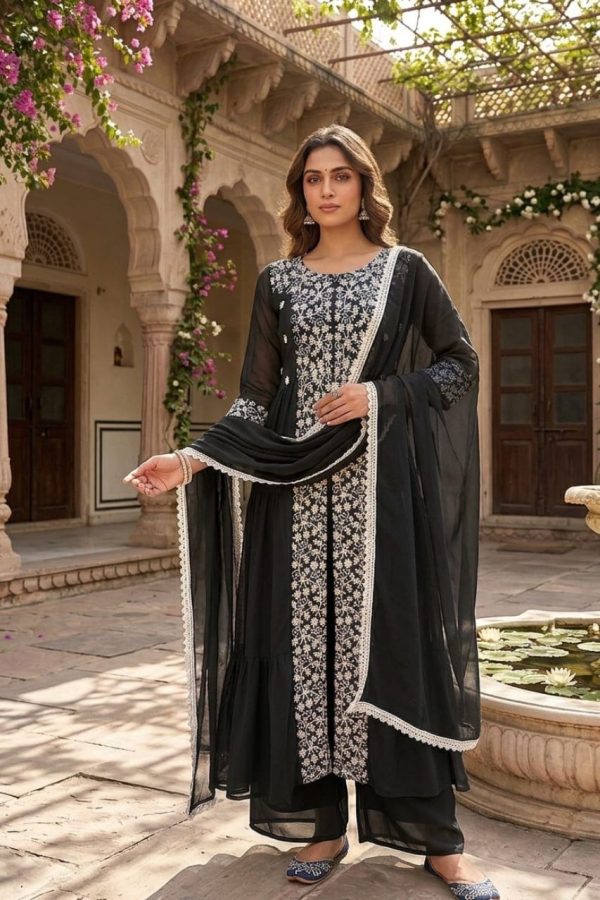 Black Georgette Embroidery Front & Side Slitted Palazzo Set