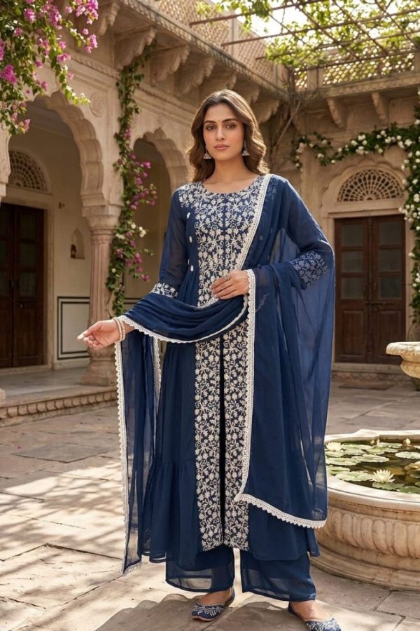 Navy Blue Embroidery Front & Side Slit Palazzo Suit Set