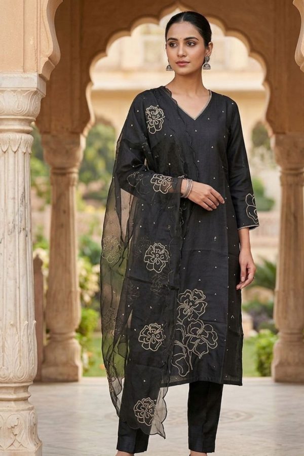 Black Rayon Salwar Suit Set With Organza Dupatta