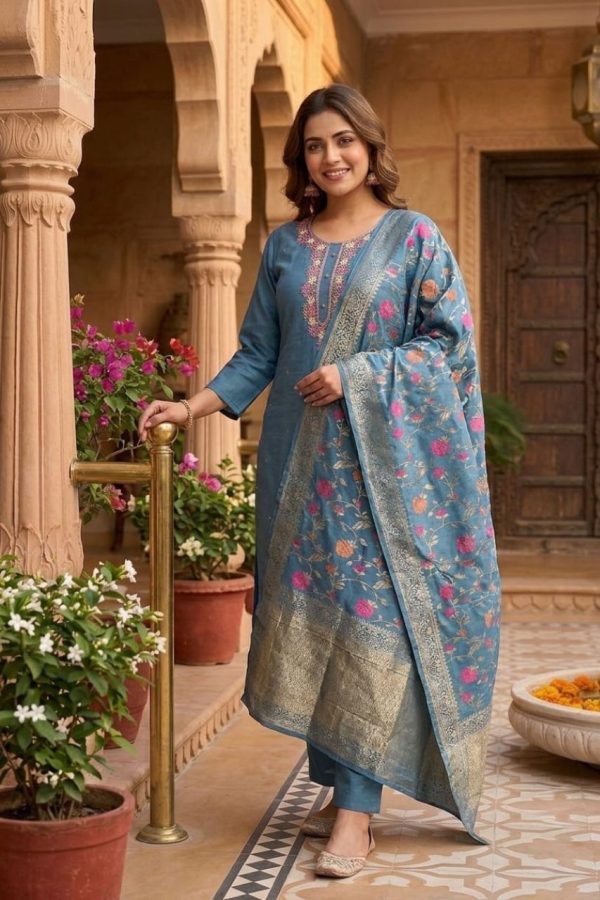 Dusty Blue Hand Work Suit Set With Banarasi Dupatta