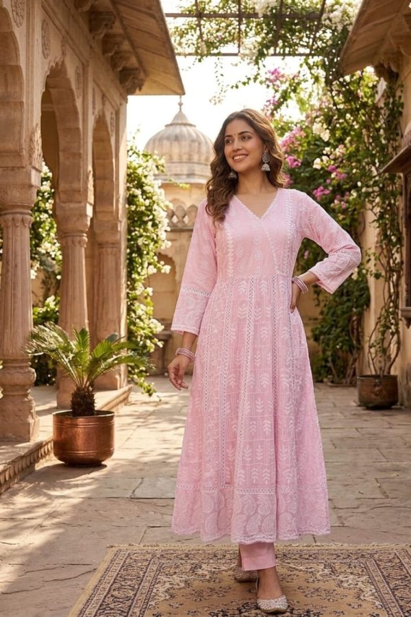 Pink Chikankari Work Anarkali Suit Set With Dupatta