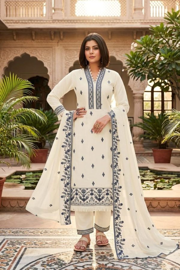 Embroidery Off White Straight Salwar Suit With Dupatta