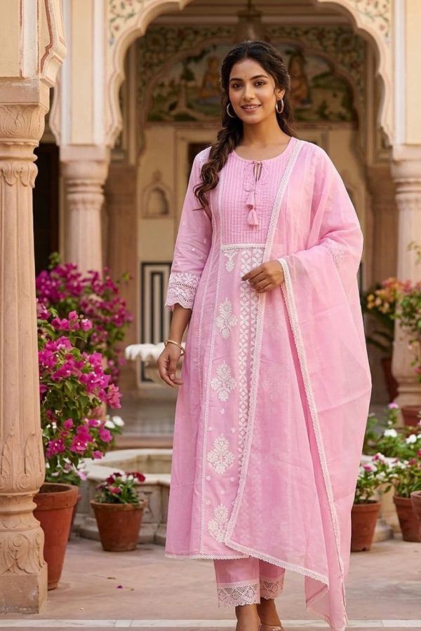 Baby Pink Embroidery Chanderi Silk Anarkali Suit Set