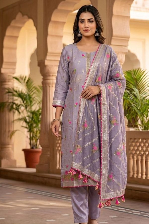 Banarasi Lavender Shade Salwar Suit Set With Dupatta