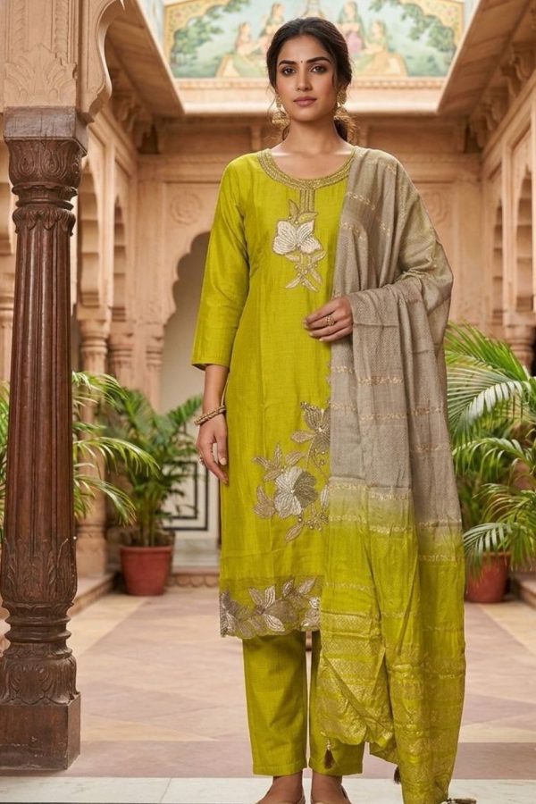 Lime Green Shade Rayon Mix Salwar Suit Set With Dupatta